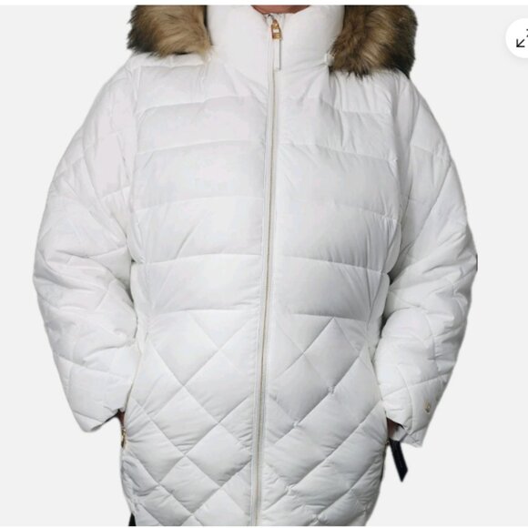 Tommy Hilfiger Puffer Jacket Women’s 2X White Quilted Coat Faux Fur Hood Warm - Picture 1 of 15